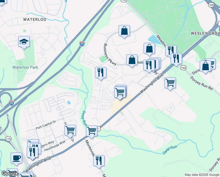 map of restaurants, bars, coffee shops, grocery stores, and more near 7732 Rearden Court in Elkridge