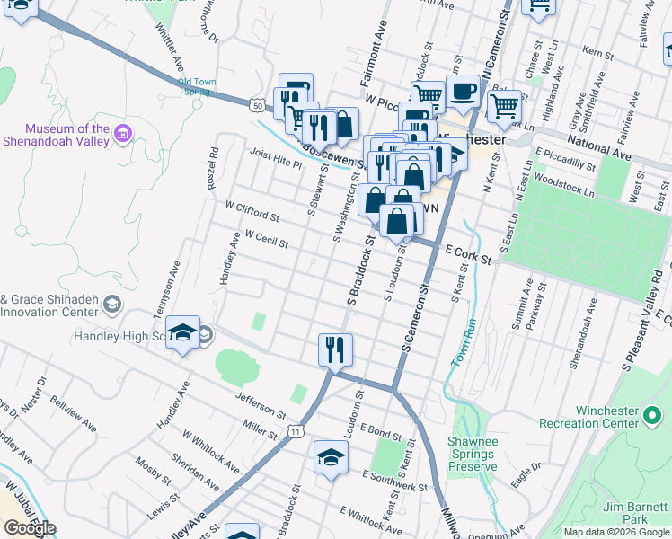 map of restaurants, bars, coffee shops, grocery stores, and more near 312 South Washington Street in Winchester