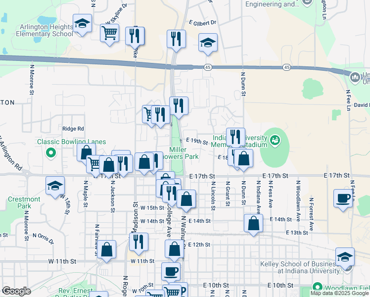 map of restaurants, bars, coffee shops, grocery stores, and more near 1600 North Walnut Street in Bloomington
