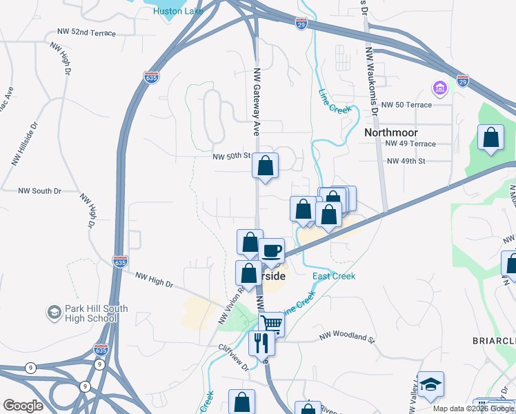 map of restaurants, bars, coffee shops, grocery stores, and more near 4801 Northwest Gateway Avenue in Riverside