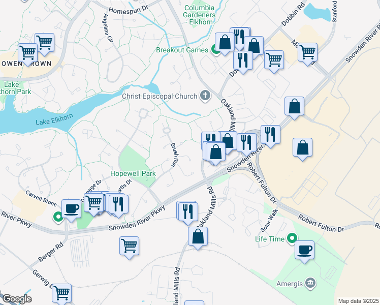 map of restaurants, bars, coffee shops, grocery stores, and more near 9239 Feathered Head in Columbia