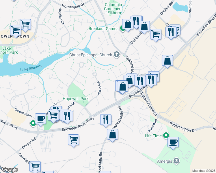 map of restaurants, bars, coffee shops, grocery stores, and more near 9239 Feathered Head in Columbia