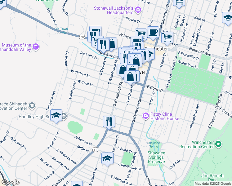 map of restaurants, bars, coffee shops, grocery stores, and more near 312 South Washington Street in Winchester