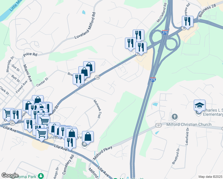 map of restaurants, bars, coffee shops, grocery stores, and more near 901 Edgecombe Drive in Milford
