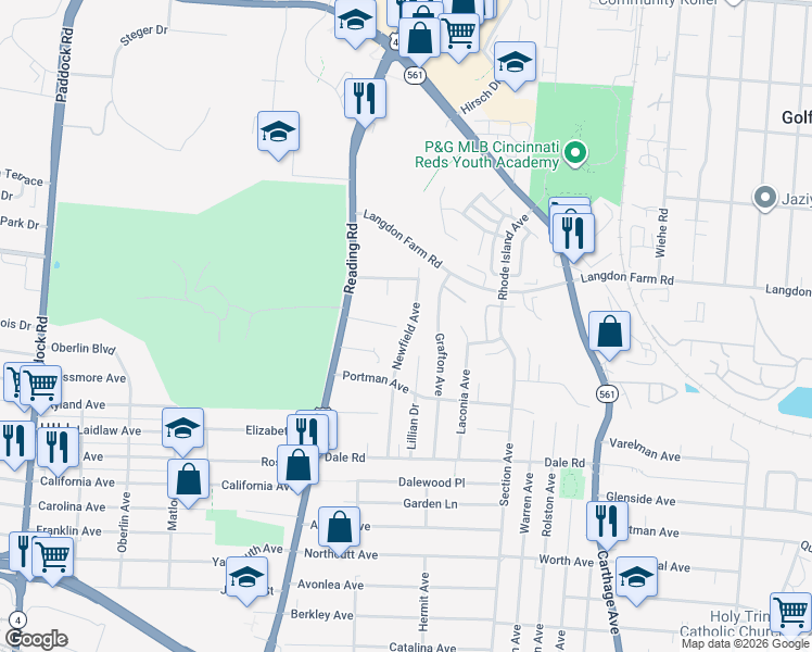 map of restaurants, bars, coffee shops, grocery stores, and more near 5410 Carrahen Court in Cincinnati