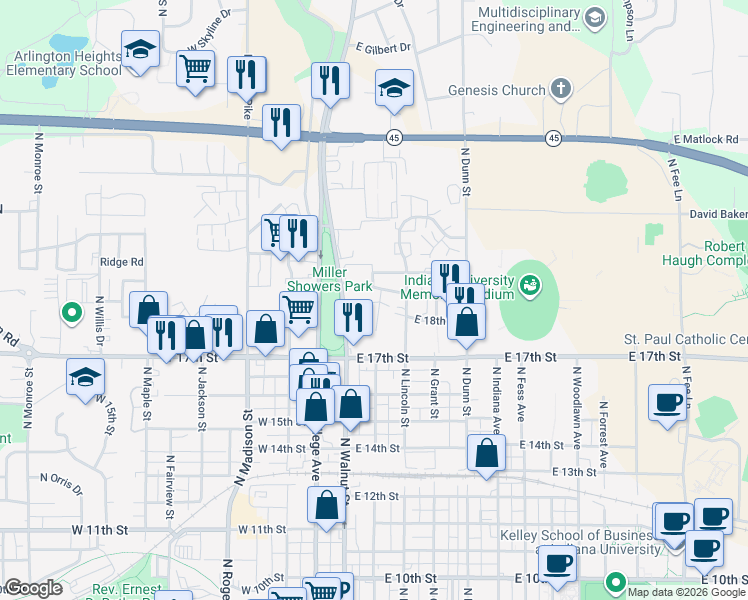 map of restaurants, bars, coffee shops, grocery stores, and more near in Bloomington