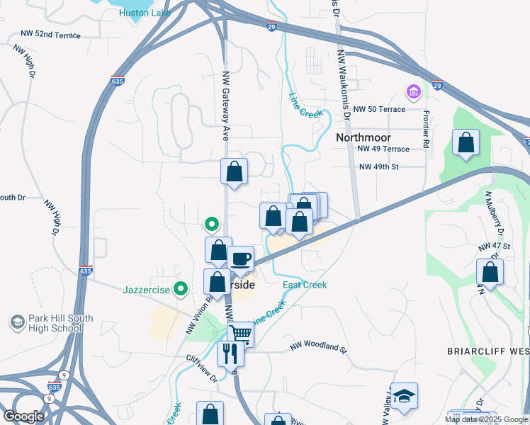 map of restaurants, bars, coffee shops, grocery stores, and more near 4833 Northwest Homestead Road in Riverside