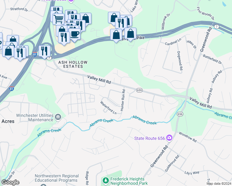 map of restaurants, bars, coffee shops, grocery stores, and more near 111 Parkside Drive in Winchester