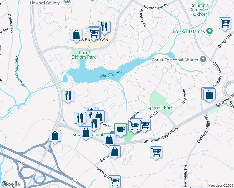 map of restaurants, bars, coffee shops, grocery stores, and more near 7340 Better Hours Court in Columbia