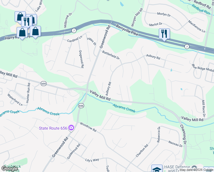 map of restaurants, bars, coffee shops, grocery stores, and more near 116 Asbury Road in Winchester
