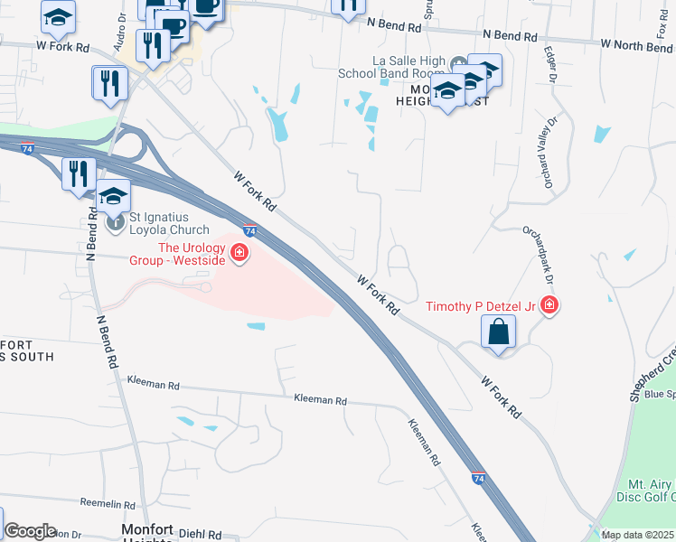 map of restaurants, bars, coffee shops, grocery stores, and more near 3329 West Fork Road in Cincinnati