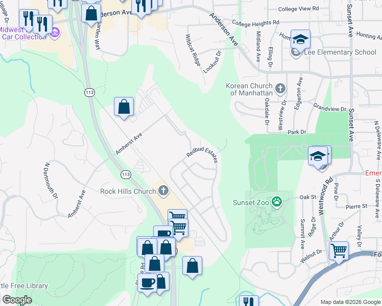 map of restaurants, bars, coffee shops, grocery stores, and more near Redbud Estates in Manhattan