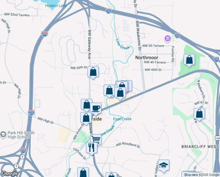 map of restaurants, bars, coffee shops, grocery stores, and more near 4833 Northwest Homestead Road in Riverside