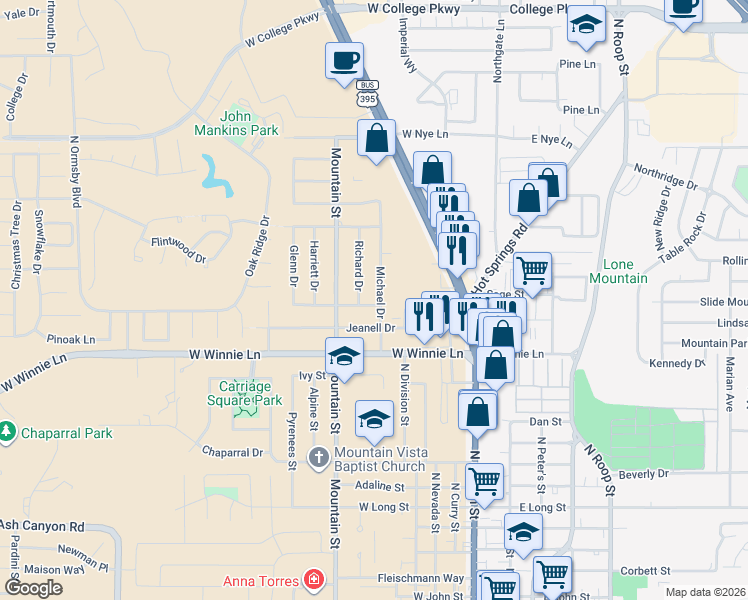 map of restaurants, bars, coffee shops, grocery stores, and more near 600 Norrie Drive in Carson City
