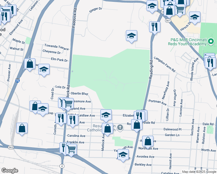 map of restaurants, bars, coffee shops, grocery stores, and more near 5168 Reading Road in Cincinnati