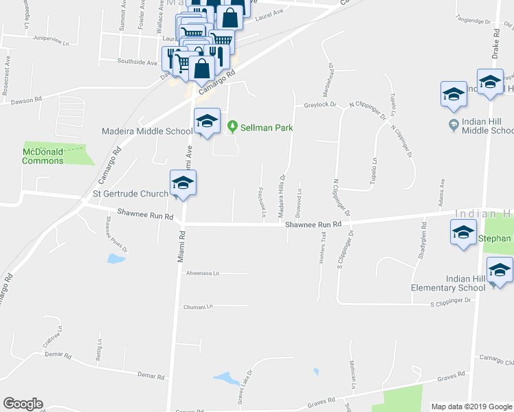 map of restaurants, bars, coffee shops, grocery stores, and more near 6509 Foxchase Lane in Cincinnati