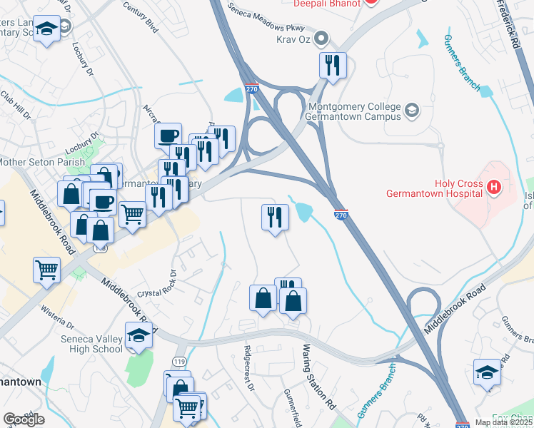 map of restaurants, bars, coffee shops, grocery stores, and more near 19901 Germantown Road in Germantown