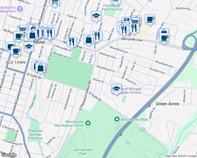map of restaurants, bars, coffee shops, grocery stores, and more near 25 North Euclid Avenue in Winchester