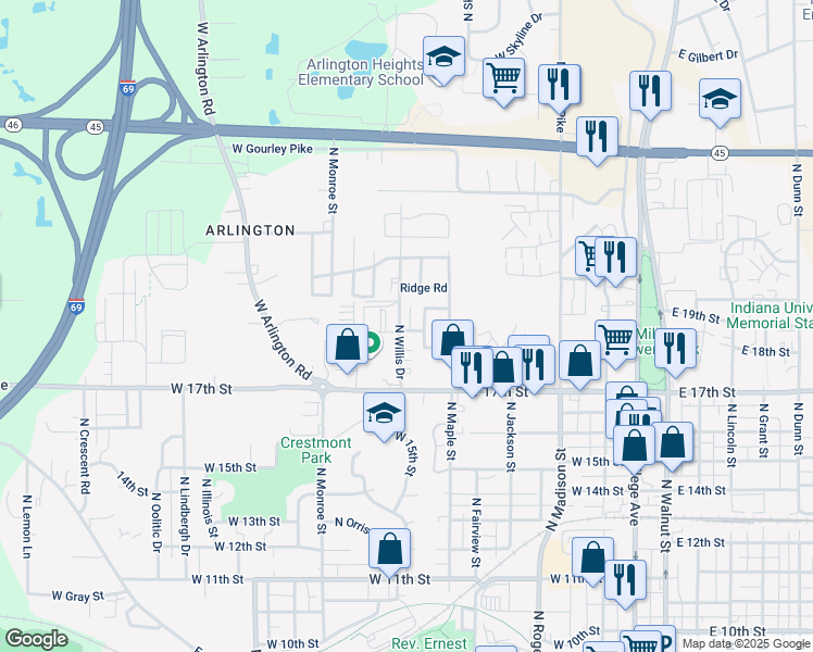 map of restaurants, bars, coffee shops, grocery stores, and more near 1450 North Willis Drive in Bloomington