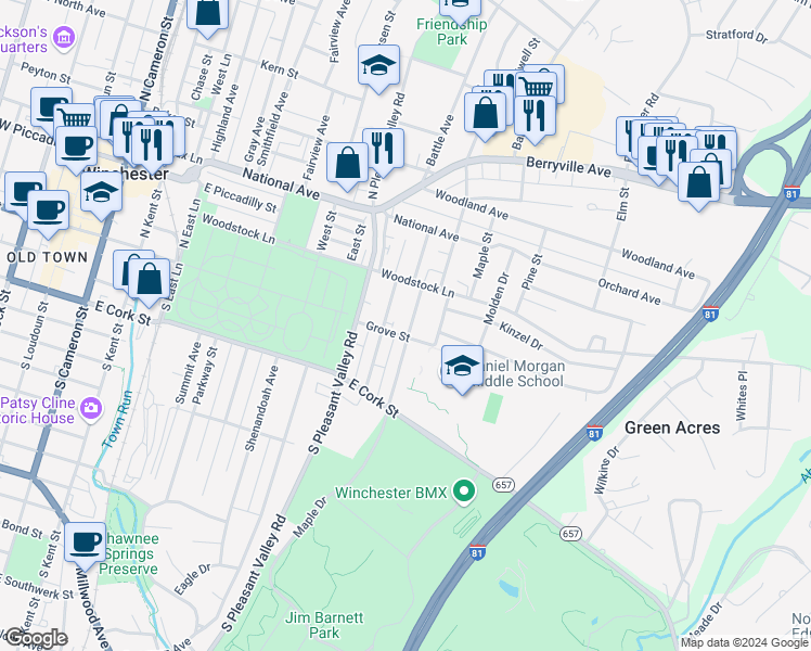 map of restaurants, bars, coffee shops, grocery stores, and more near 15 North Purcell Avenue in Winchester