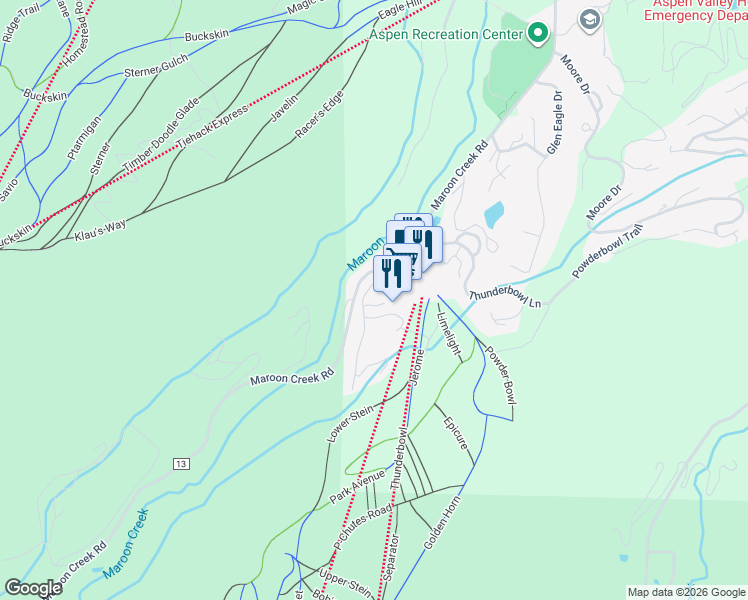 map of restaurants, bars, coffee shops, grocery stores, and more near 1635-1645 County Road 13 in Aspen