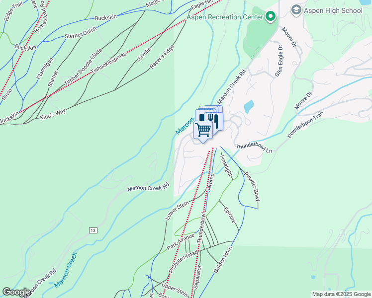 map of restaurants, bars, coffee shops, grocery stores, and more near 1635-1645 County Road 13 in Aspen