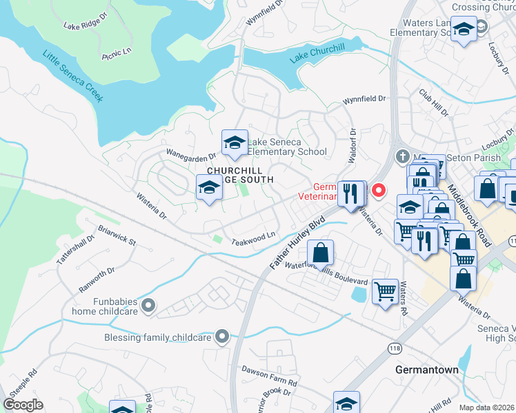 map of restaurants, bars, coffee shops, grocery stores, and more near 13517 Wisteria Drive in Germantown