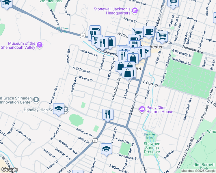 map of restaurants, bars, coffee shops, grocery stores, and more near 400 South Washington Street in Winchester
