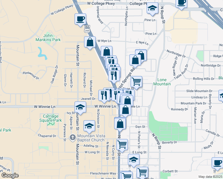 map of restaurants, bars, coffee shops, grocery stores, and more near 2258 North Carson Street in Carson City