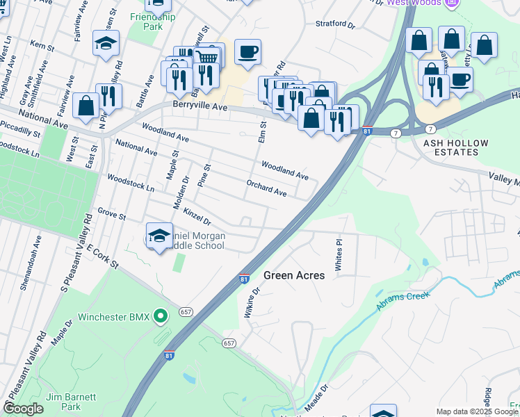 map of restaurants, bars, coffee shops, grocery stores, and more near 1021 Franklin Street in Winchester