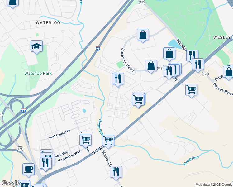 map of restaurants, bars, coffee shops, grocery stores, and more near 7914 Blue Stream Drive in Elkridge