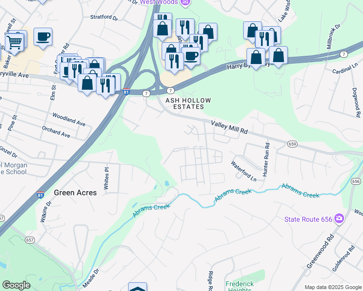 map of restaurants, bars, coffee shops, grocery stores, and more near 142 Windstone Drive in Winchester
