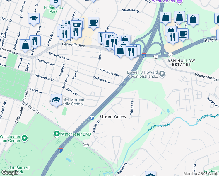 map of restaurants, bars, coffee shops, grocery stores, and more near 1112 Franklin Street in Winchester