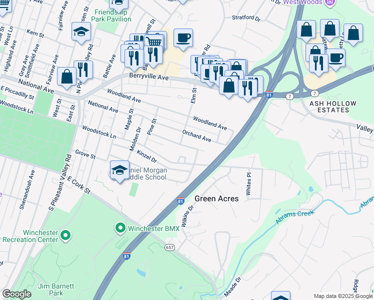 map of restaurants, bars, coffee shops, grocery stores, and more near 1016 Franklin Street in Winchester
