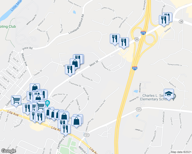 map of restaurants, bars, coffee shops, grocery stores, and more near 901 Edgecombe Drive in Milford
