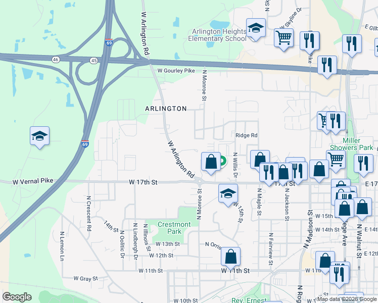 map of restaurants, bars, coffee shops, grocery stores, and more near 1504 West Arlington Road in Bloomington