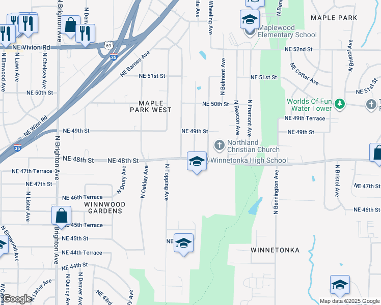 map of restaurants, bars, coffee shops, grocery stores, and more near 4817 North Bellaire Avenue in Kansas City