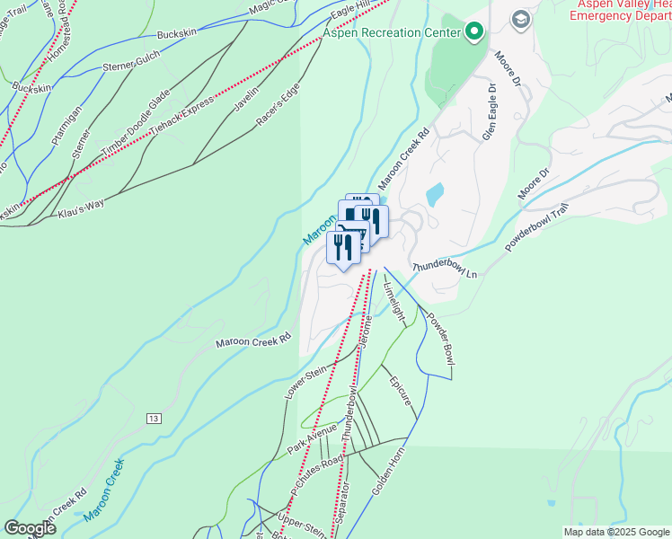 map of restaurants, bars, coffee shops, grocery stores, and more near 75 Prospector Road in Aspen