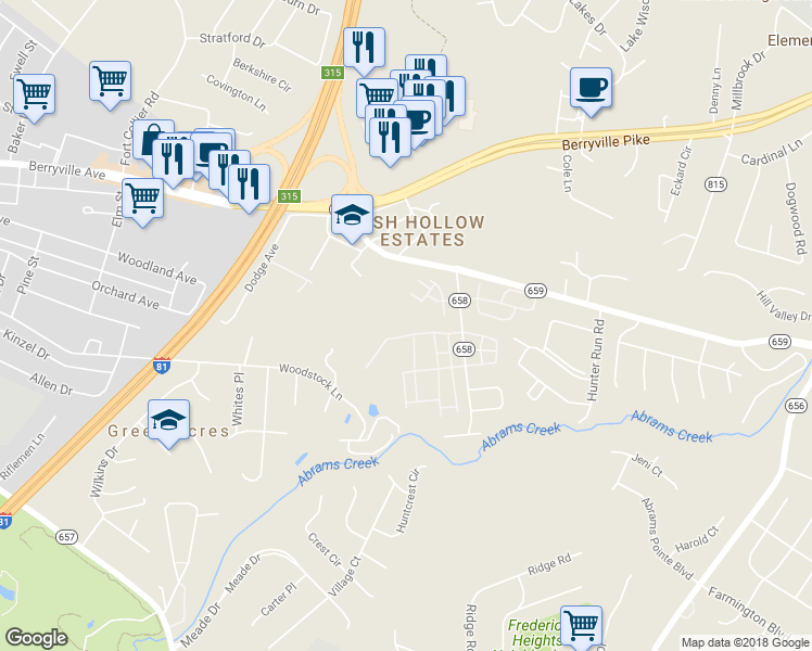 map of restaurants, bars, coffee shops, grocery stores, and more near 142 Windstone Drive in Winchester