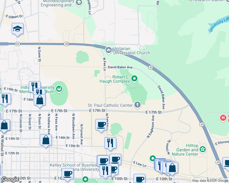 map of restaurants, bars, coffee shops, grocery stores, and more near 1606 North Fee Lane in Bloomington