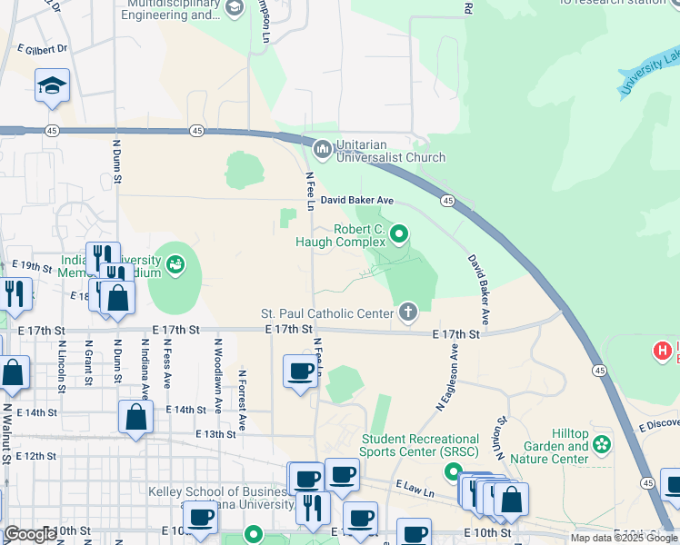 map of restaurants, bars, coffee shops, grocery stores, and more near 1606 North Fee Lane in Bloomington