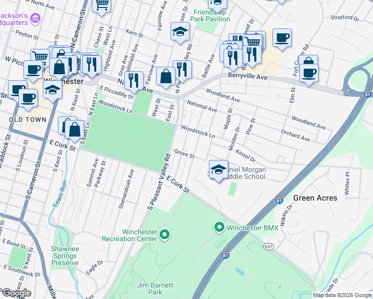 map of restaurants, bars, coffee shops, grocery stores, and more near 25 North Euclid Avenue in Winchester