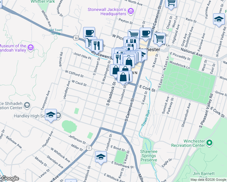 map of restaurants, bars, coffee shops, grocery stores, and more near in Winchester