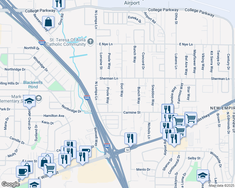map of restaurants, bars, coffee shops, grocery stores, and more near 2250 Dori Way in Carson City