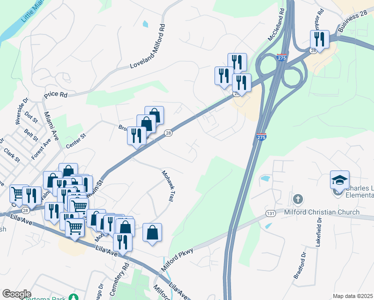 map of restaurants, bars, coffee shops, grocery stores, and more near 1001 Edgecombe Drive in Milford