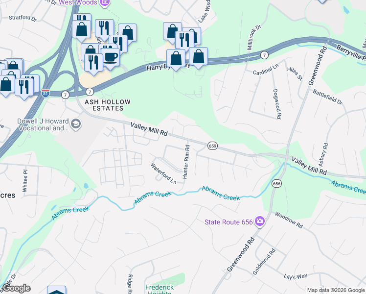 map of restaurants, bars, coffee shops, grocery stores, and more near 112 Hunter Run Road in Winchester
