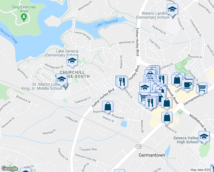map of restaurants, bars, coffee shops, grocery stores, and more near 13409 Demetrias Way in Germantown