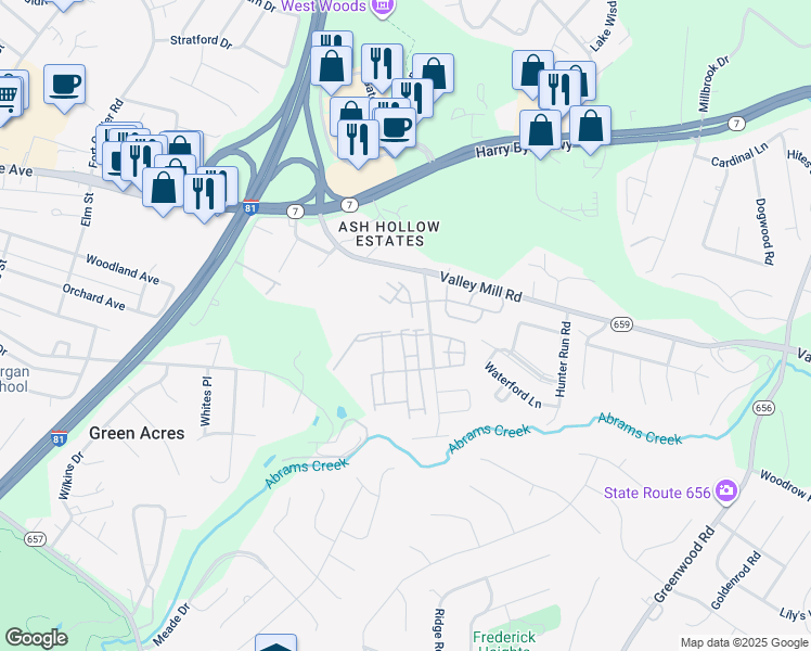 map of restaurants, bars, coffee shops, grocery stores, and more near 114 Windstone Drive in Winchester