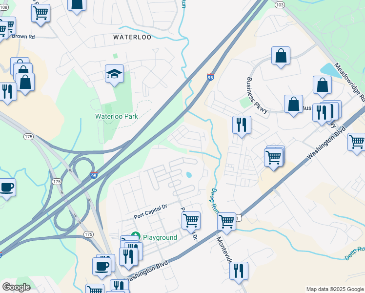 map of restaurants, bars, coffee shops, grocery stores, and more near 7743 Valley Oak Drive in Elkridge