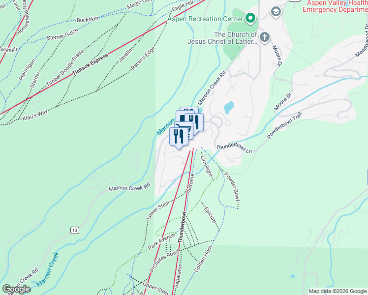 map of restaurants, bars, coffee shops, grocery stores, and more near 75 Prospector Road in Aspen